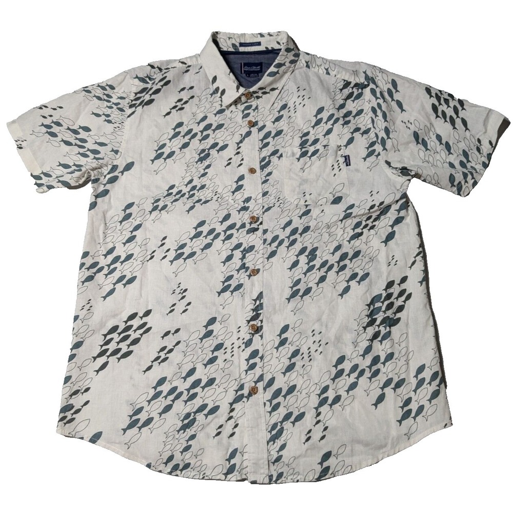JACK O'NEILL COASTAL LINEN Men Large White Green SCHOOL OF FISH AOP Button Shirt